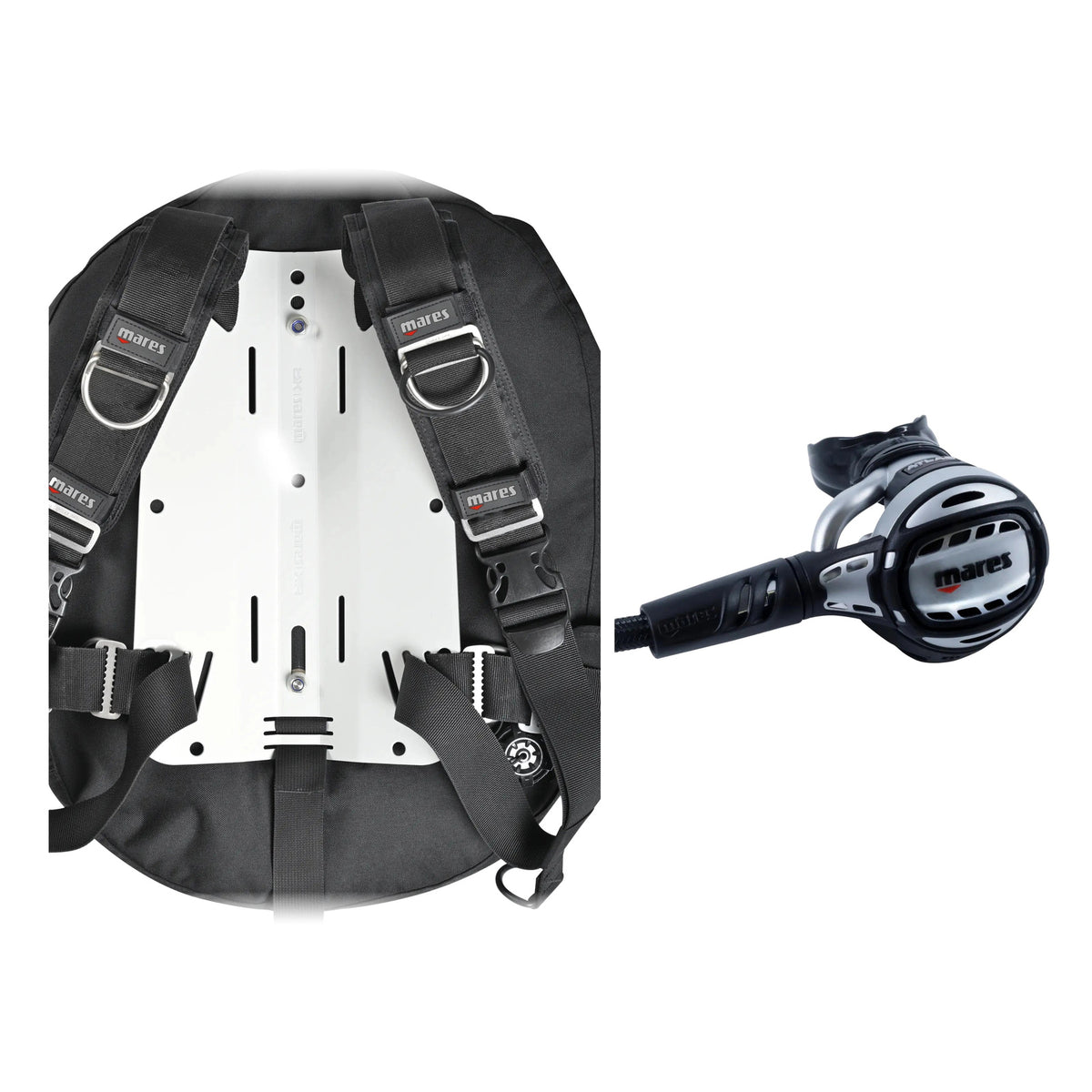 Mares Rover Tech BCD in black with a silver backplate and Atlas 62X regulator in silver and black