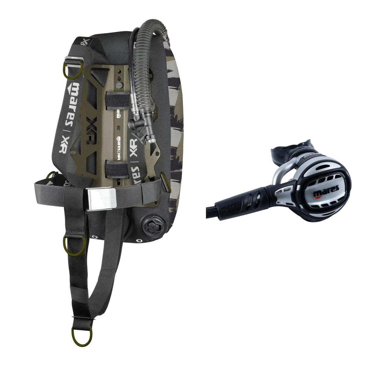 Mares Tactical Green single backmount set in camouflage green and Atlas 62X regulator in silver and black