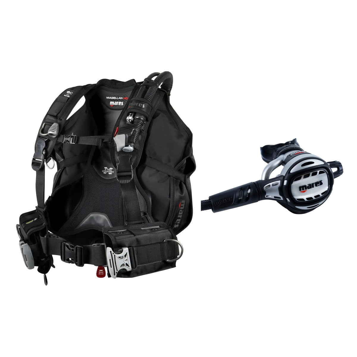 Mares Magellan HD BCD in black and Atlas Adj 62X regulator in silver and black