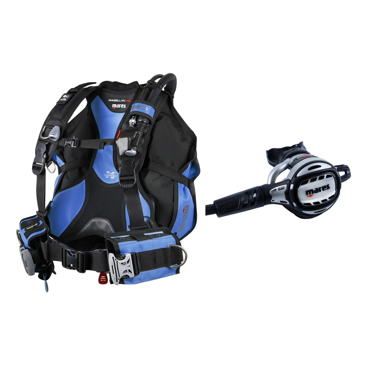 Mares Magellan HD BCD in black with blue panels and Atlas Adj 62X regulator in silver and black