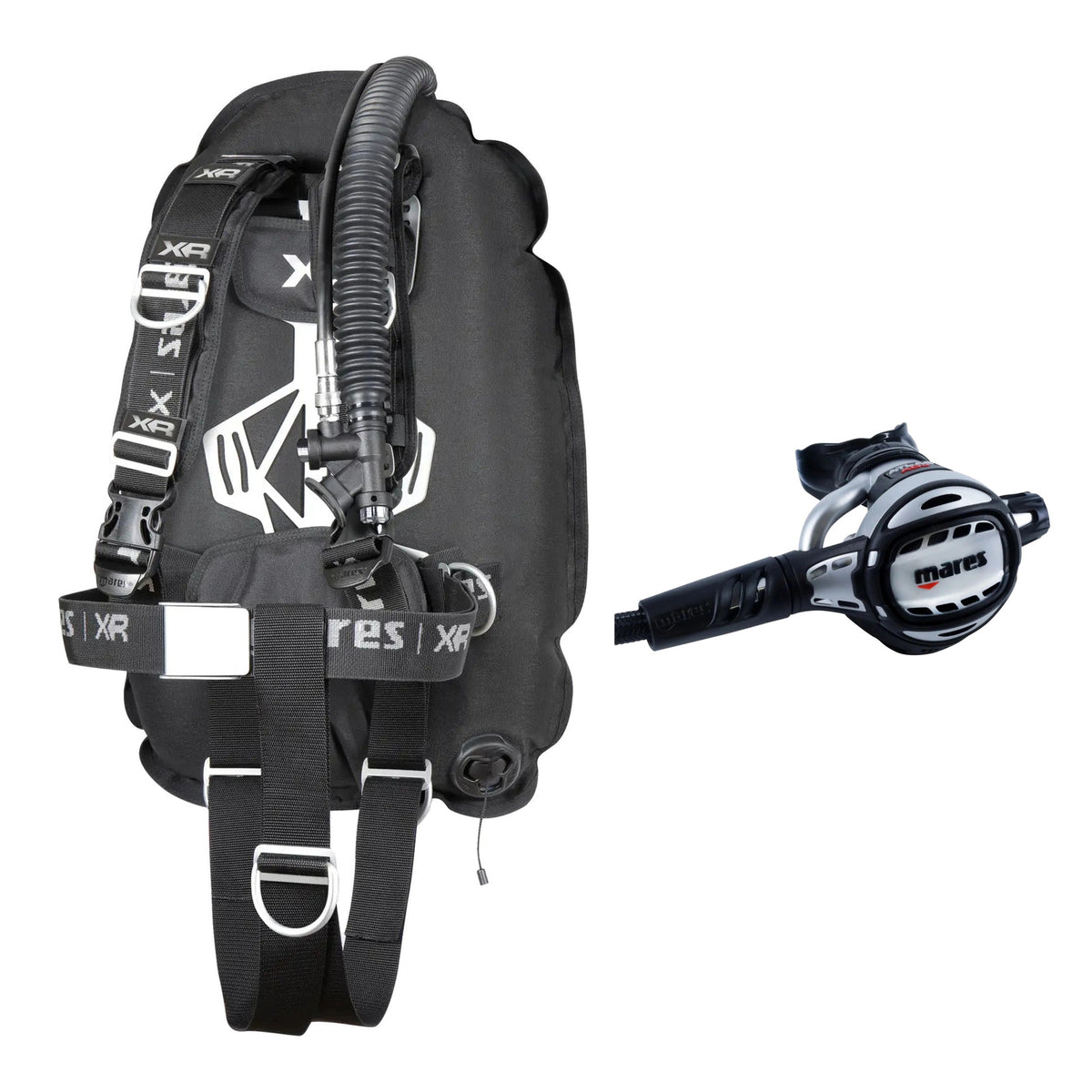 Mares XR-Rec Trim single backmount set in black and Atlas Adj 62X regulator in silver and black