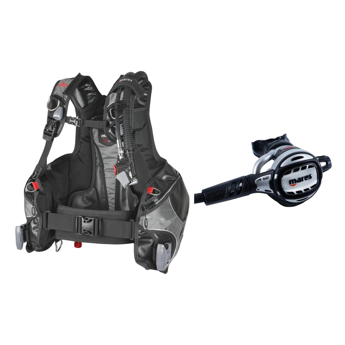 Mares Rock Pro BCD in black and grey and Atlas Adj 62X regulator in silver and black