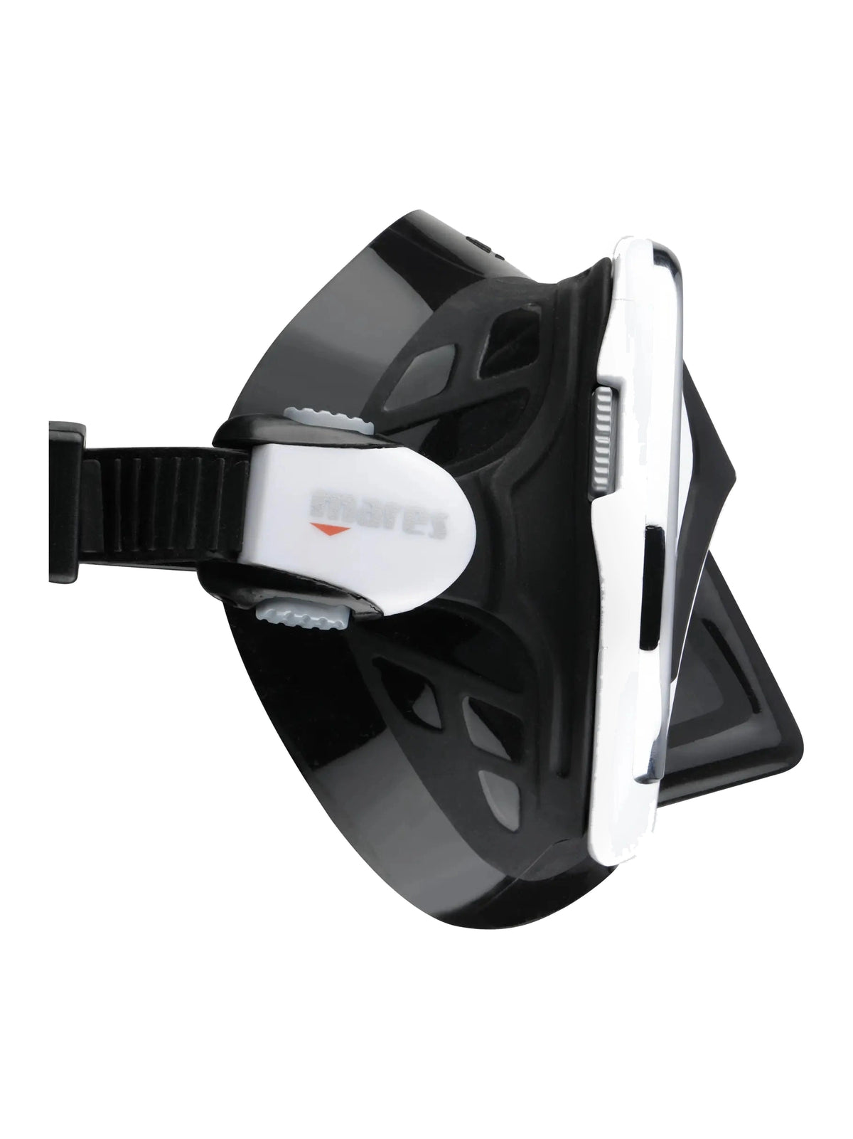 Mares Chroma Up dive mask in black and white, side view of the buckle
