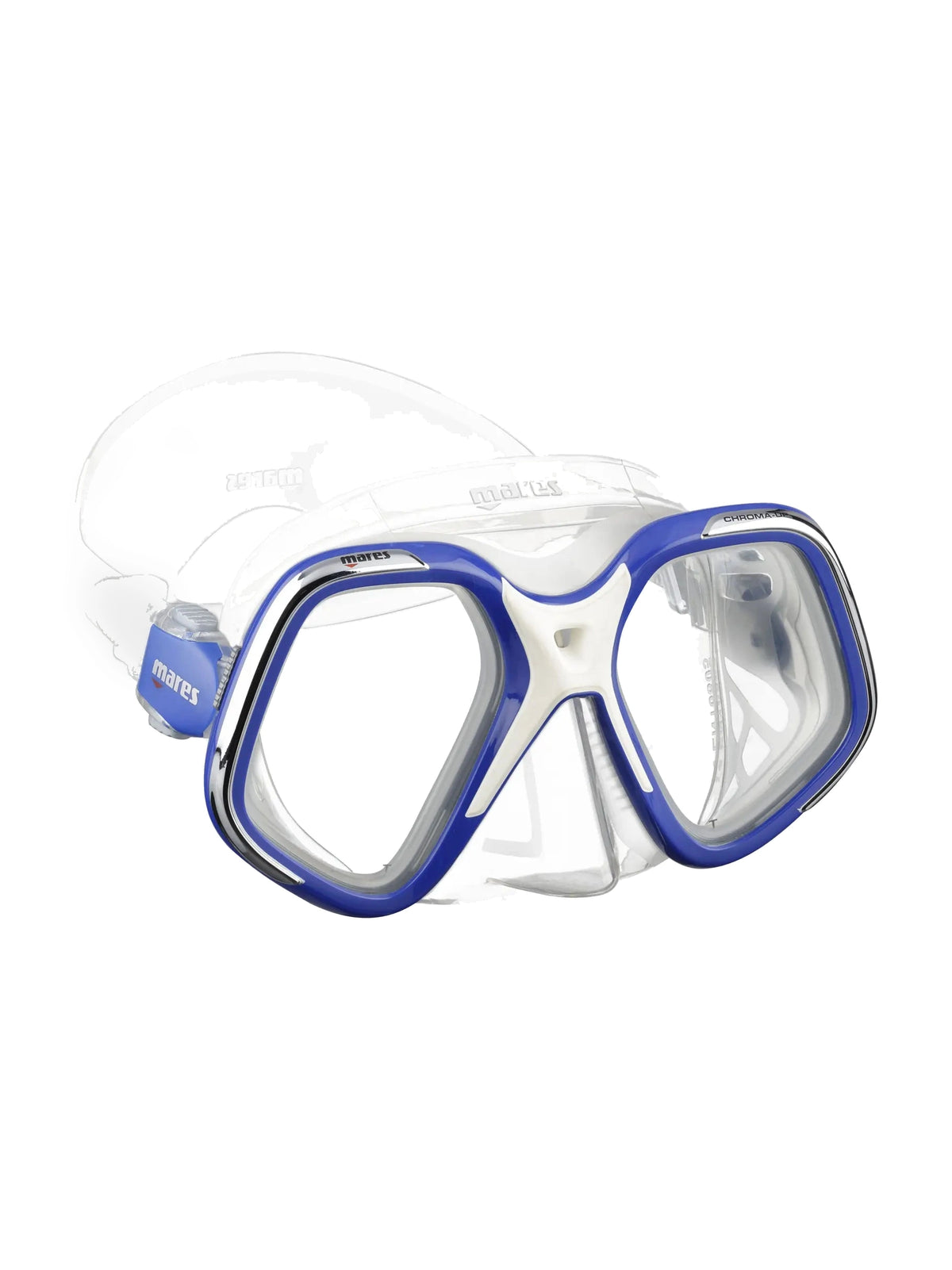 Mares Chroma Up dive mask in blue and clear, three-quarter front view