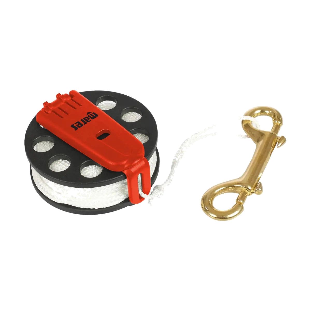 Mares Compact Reel with red handle, white line and brass snap