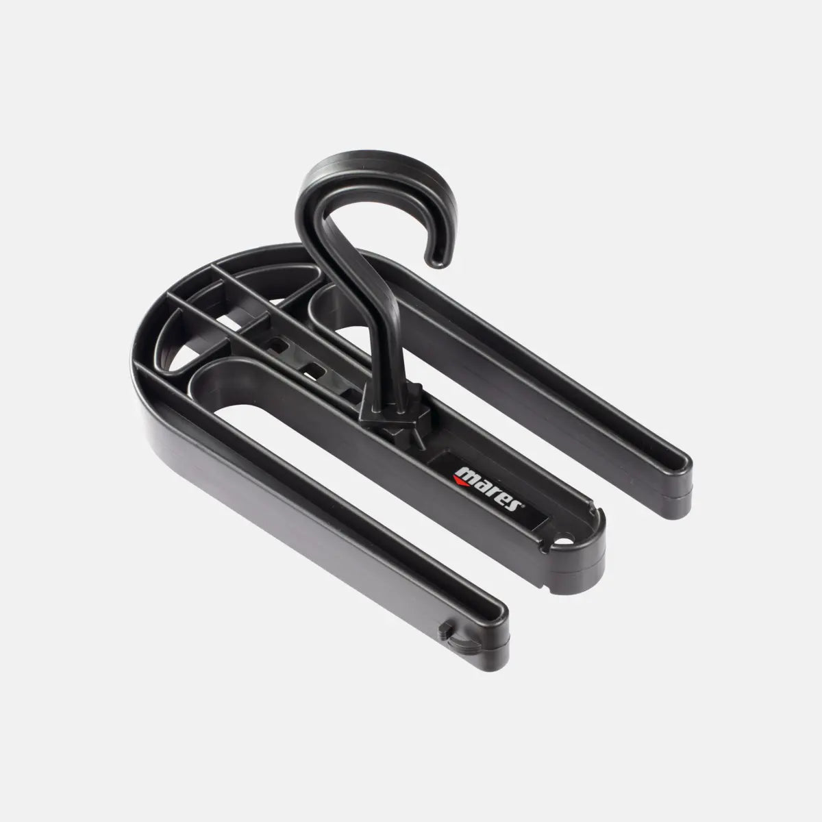 Mares drysuit hanger in black with swivel hook, shaped to carry a suit with boots