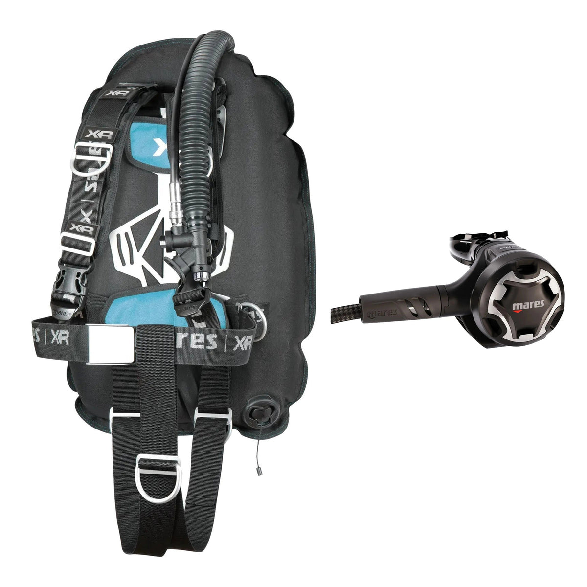Mares XR-Rec Trim single backmount set in black and Dual 15X regulator in black