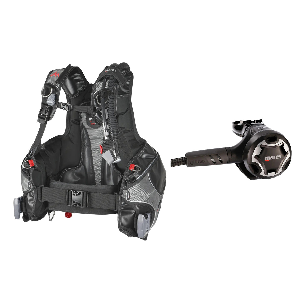 Mares Rock Pro BCD in black and grey and Dual 15X regulator in black