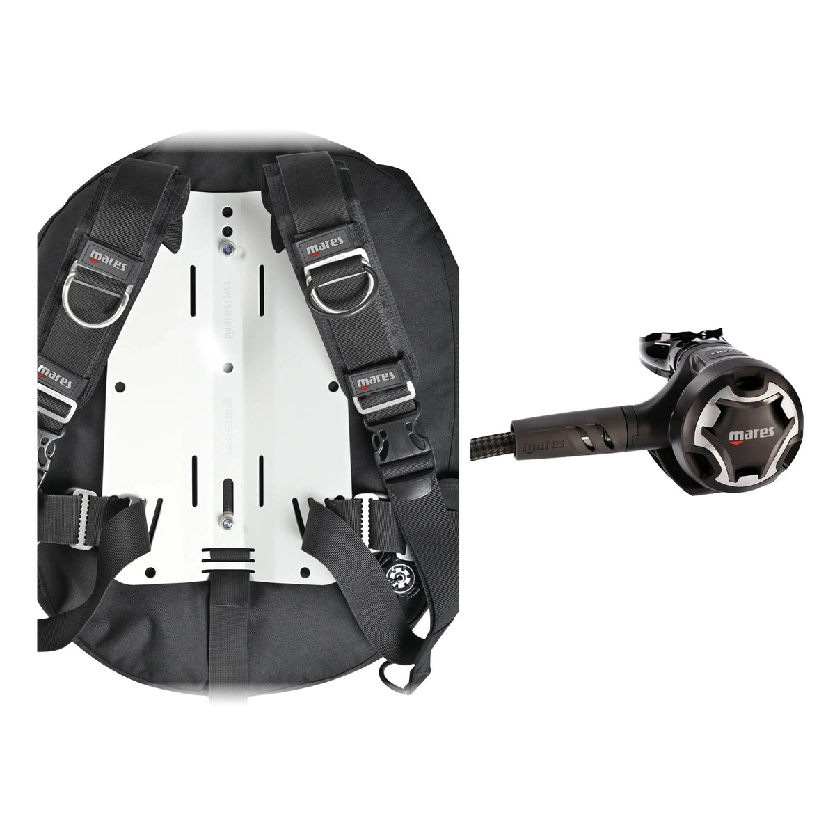 Mares Rover Tech BCD in black with a silver backplate and Dual 15X regulator in black