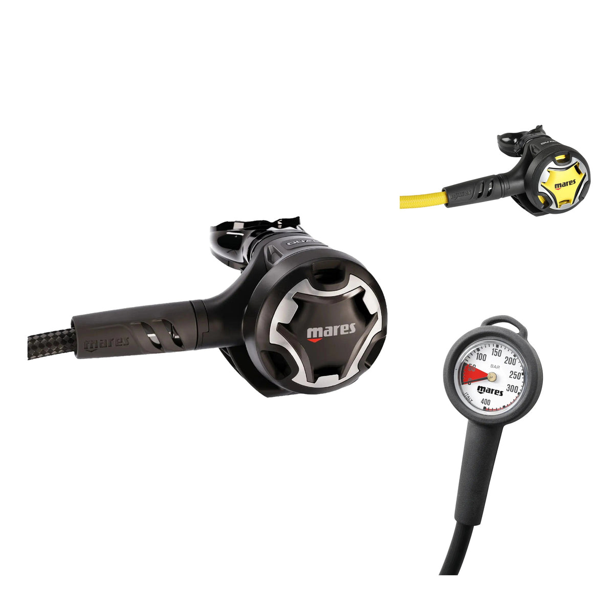 Mares Dual 15X regulator in black, Dual octopus in black and yellow, and MR-1 pressure gauge in a black console