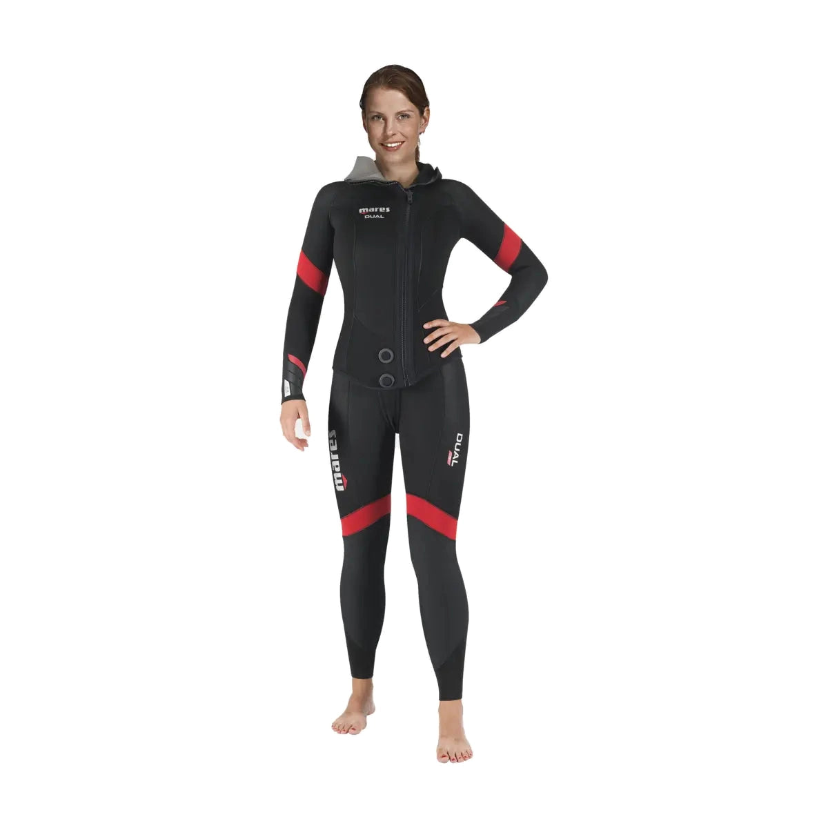 Mares Dual 5mm She Dives wetsuit in black with red bands, jacket front view