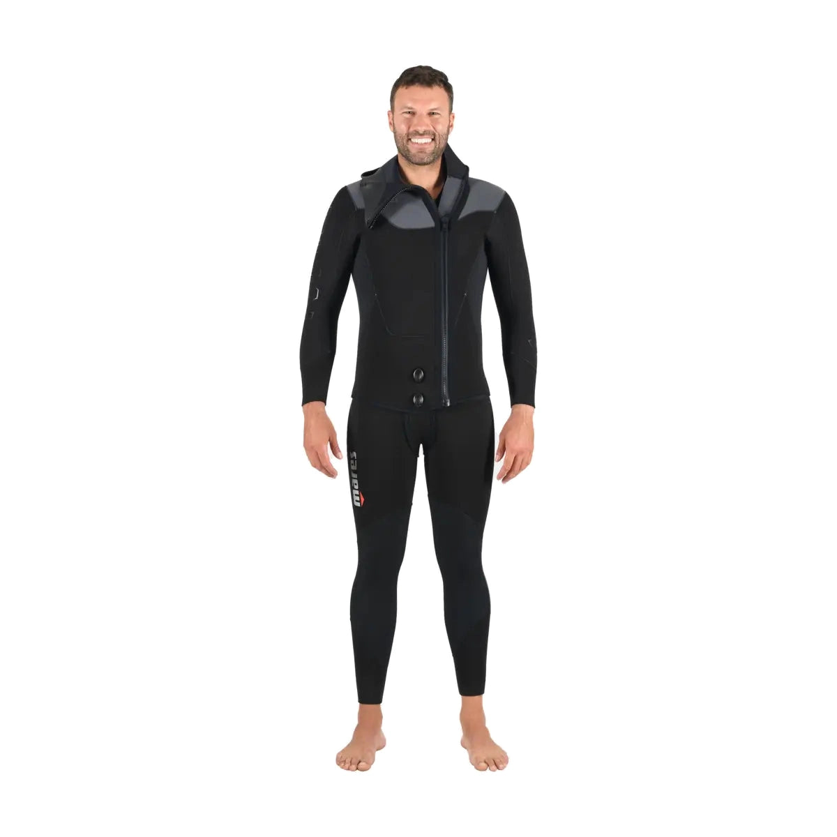 Mares Dual 5mm men's two-piece wetsuit in black and grey, hooded jacket front view