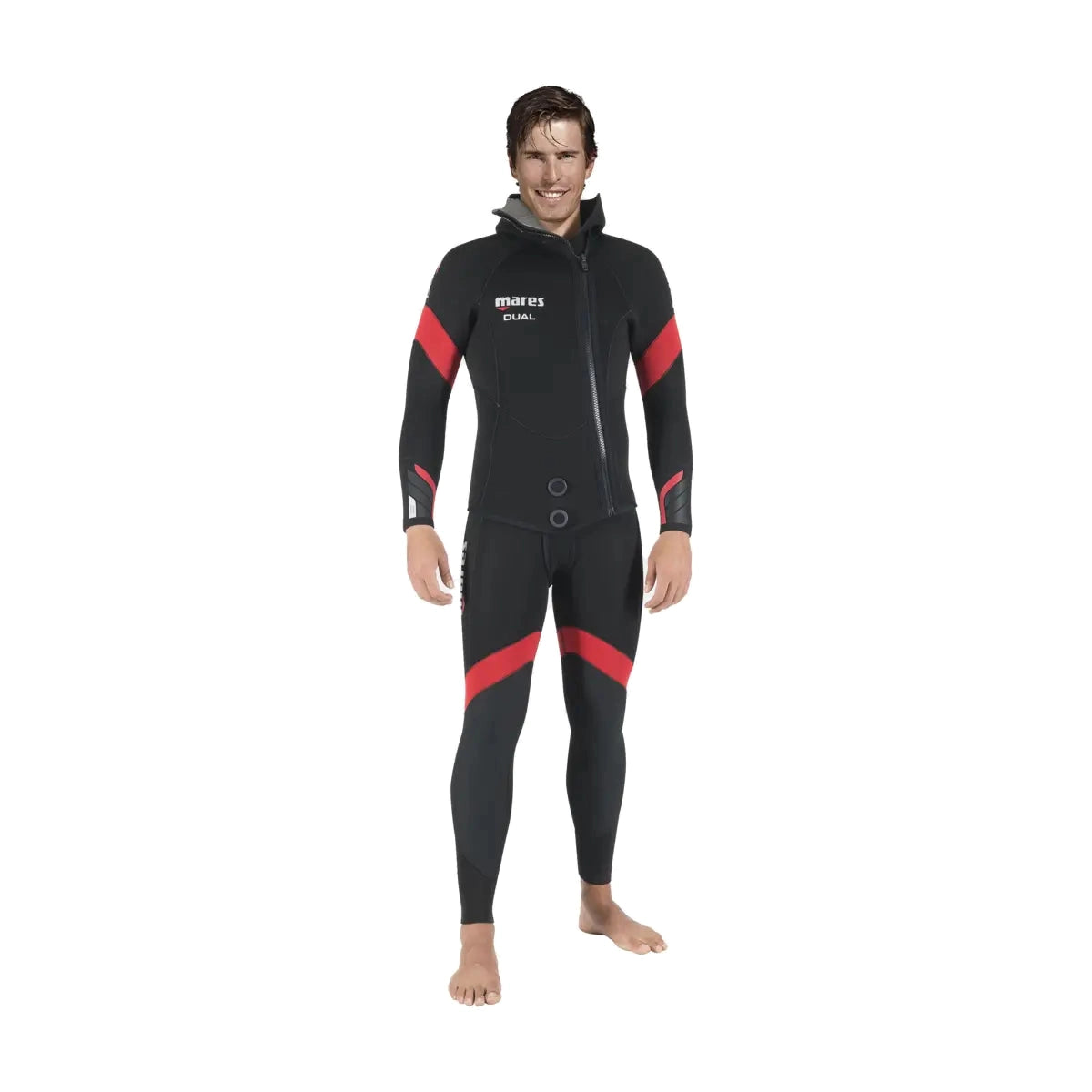 Mares Dual 5mm men's wetsuit in black with red bands, jacket front view