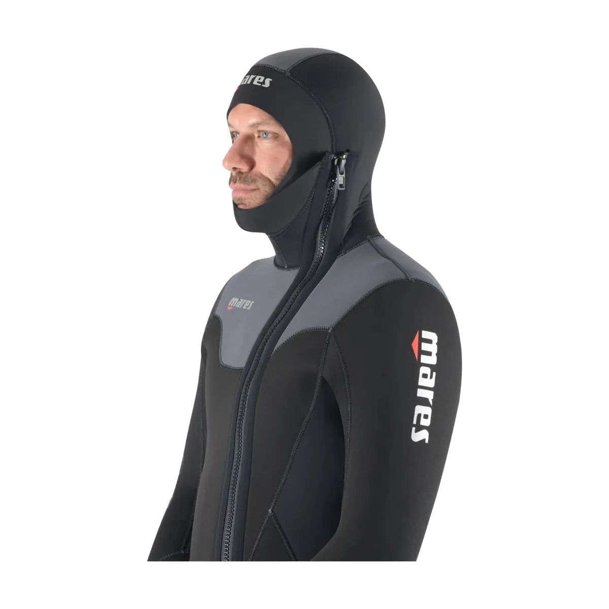 Mares Dual 5mm men's wetsuit integrated hood and front zip, side view