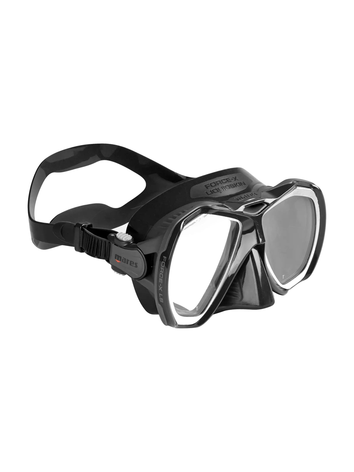 Mares Force-X Liquidskin dive mask in black and grey, three-quarter front view