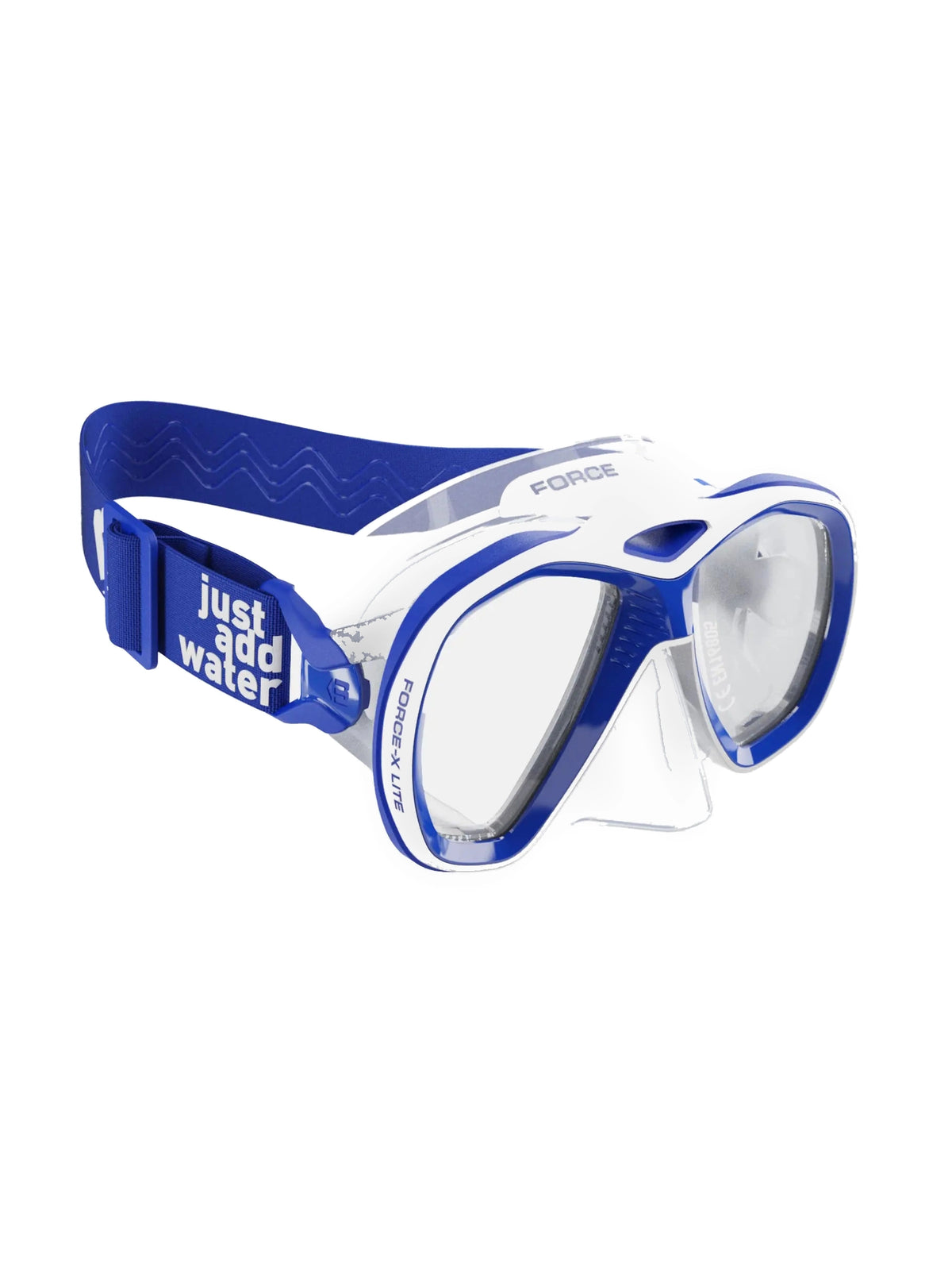 Mares Force-X Lite dive mask in blue and clear, three-quarter front view