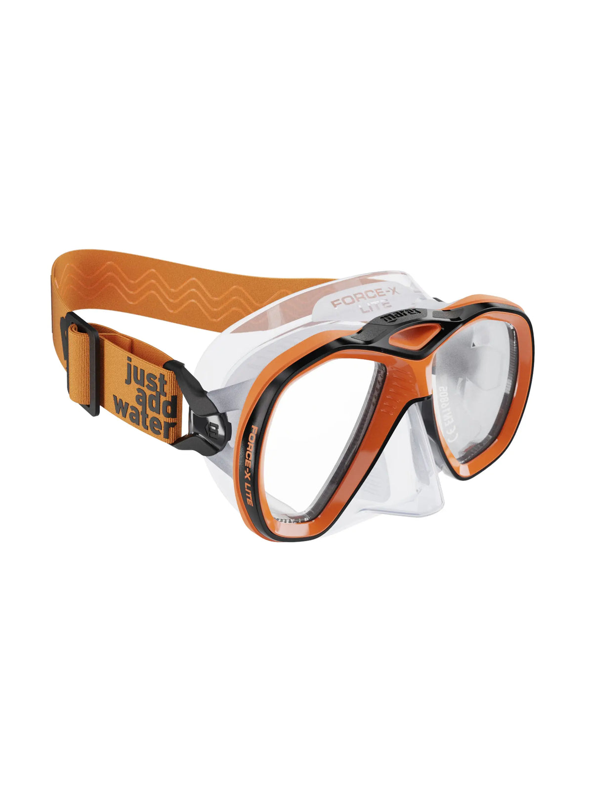 Mares Force-X Lite dive mask in clear and orange, three-quarter front view