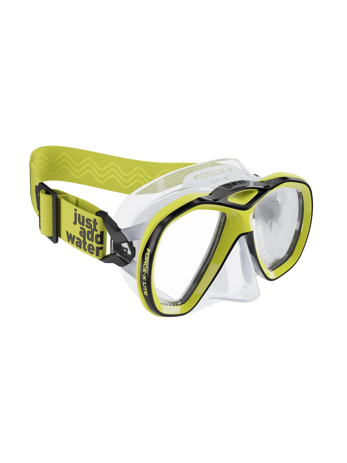 Mares Force-X Lite dive mask in clear and yellow, three-quarter front view