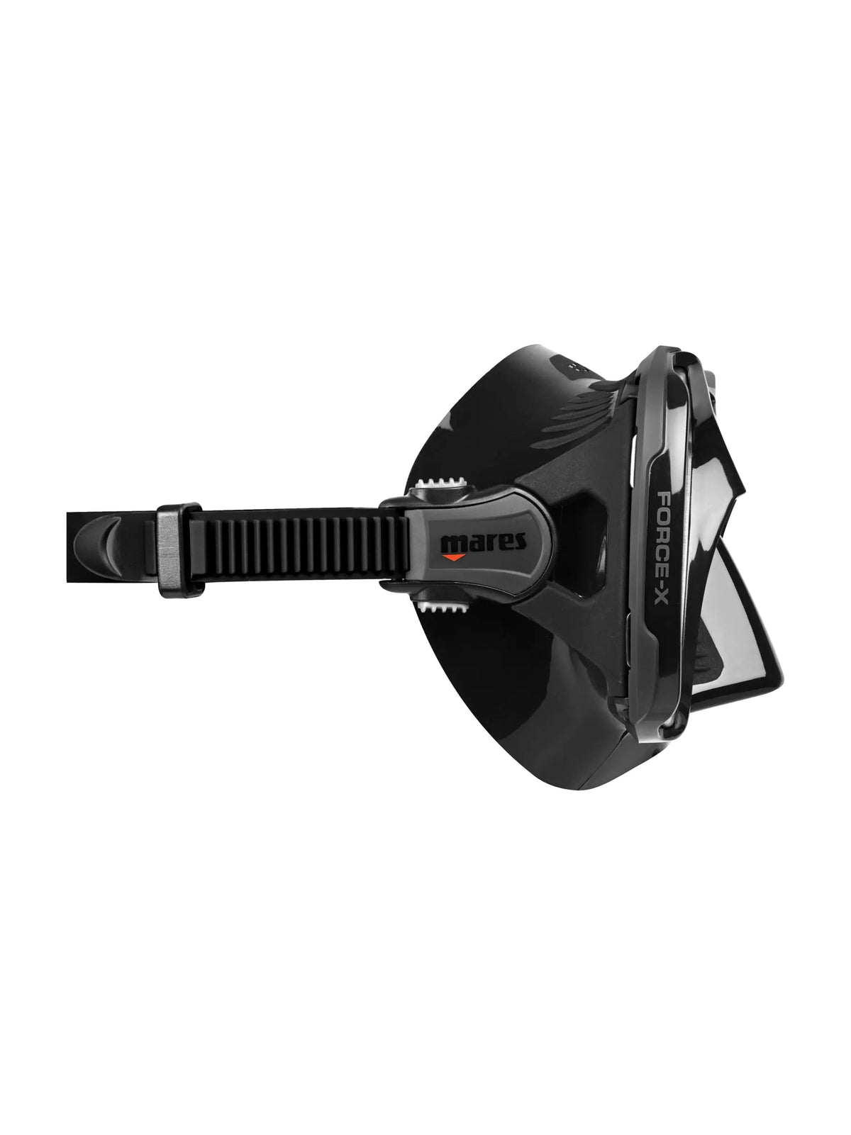 Mares Force-X dive mask in black and grey, three-quarter front view