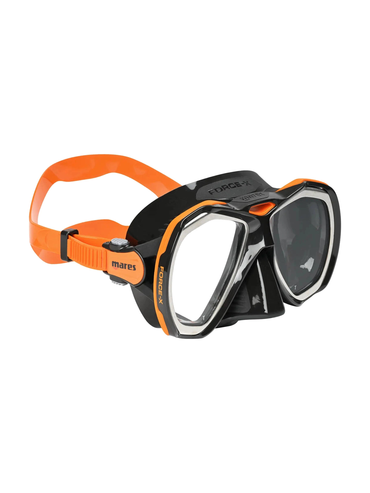 Mares Force-X dive mask in black and orange, three-quarter front view