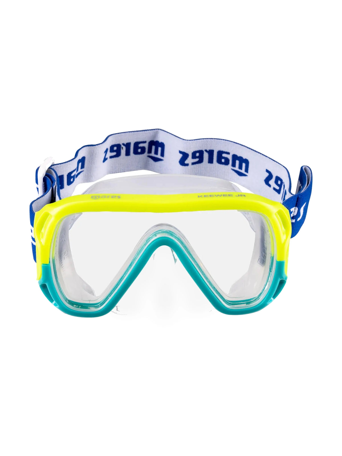 Mares Keewee Junior mask and snorkel combo in aqua and yellow, front view of the mask