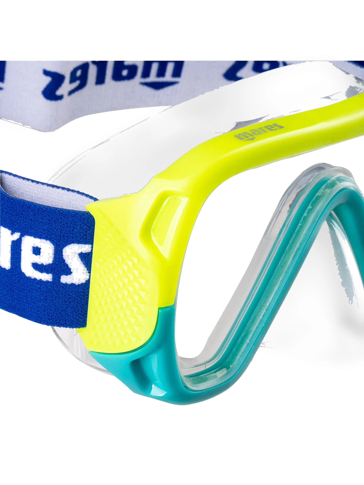 Mares Keewee Junior mask and snorkel combo in aqua and yellow, close-up of the elastic strap and frame