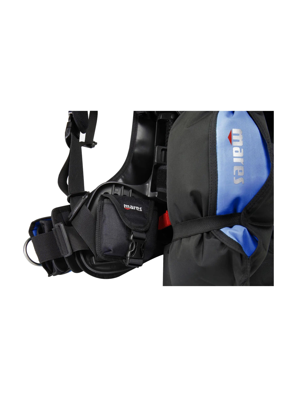 Side view of the blue Mares Magellan HD with the line cutter sleeve on the shoulder strap