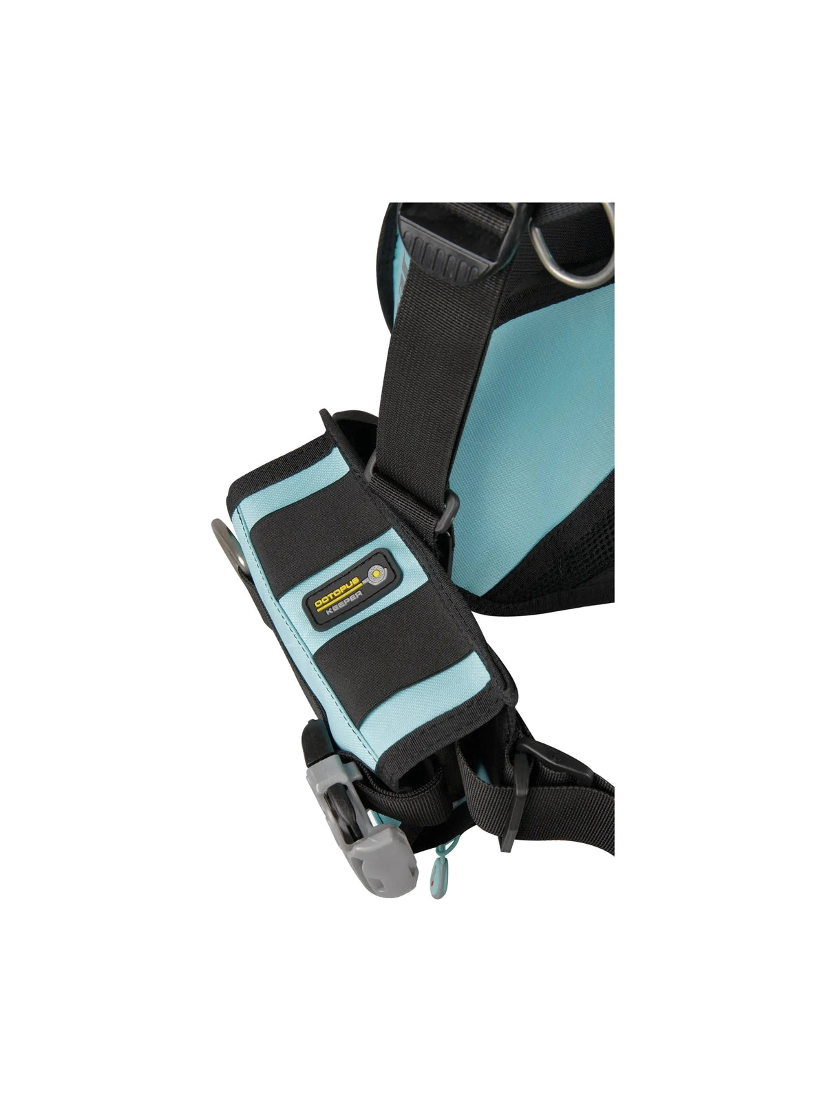 Mares Magellan HD She Dives women's BCD in black with aqua panels, front three-quarter view