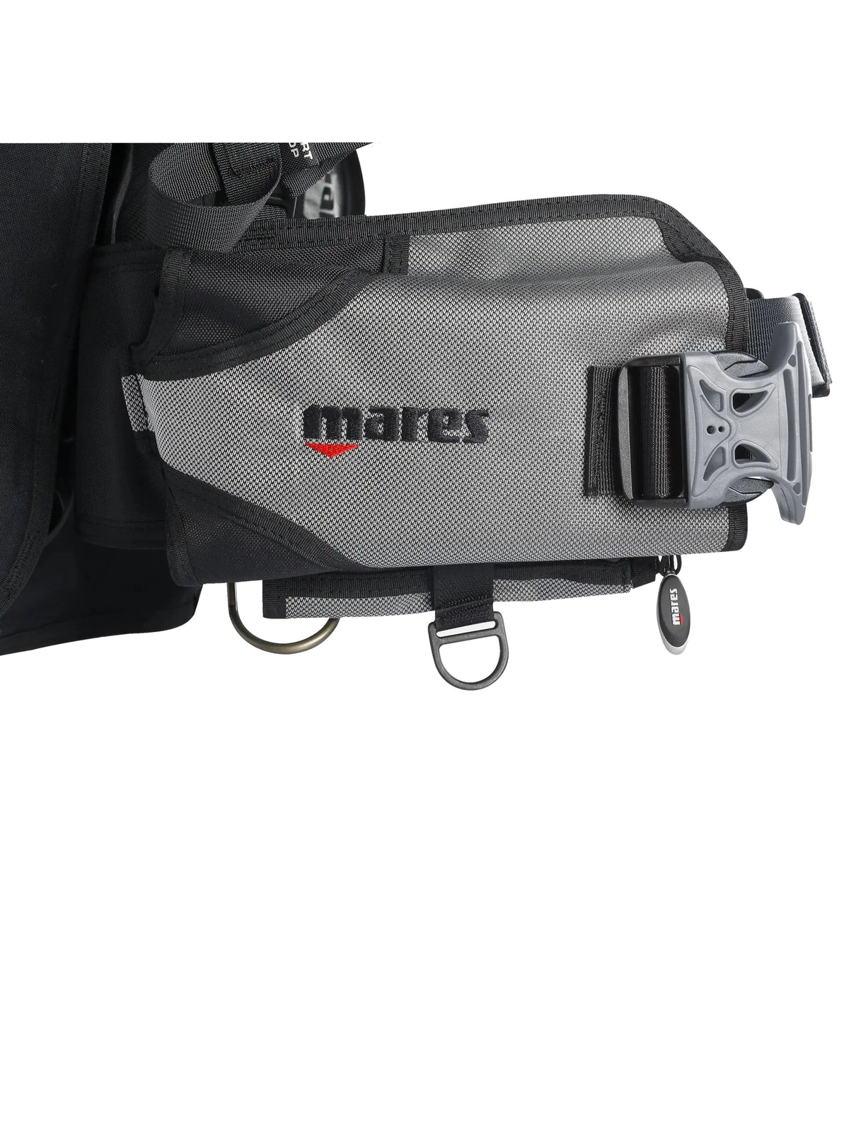 Mares Magellan travel BCD in black and grey, front three-quarter view