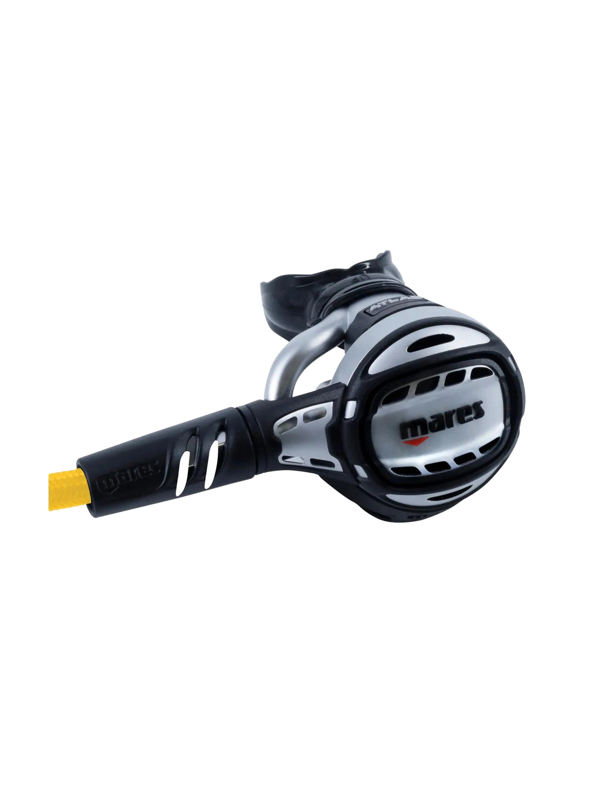 Mares Octopus Atlas all-metal second stage in silver and black on a yellow hose