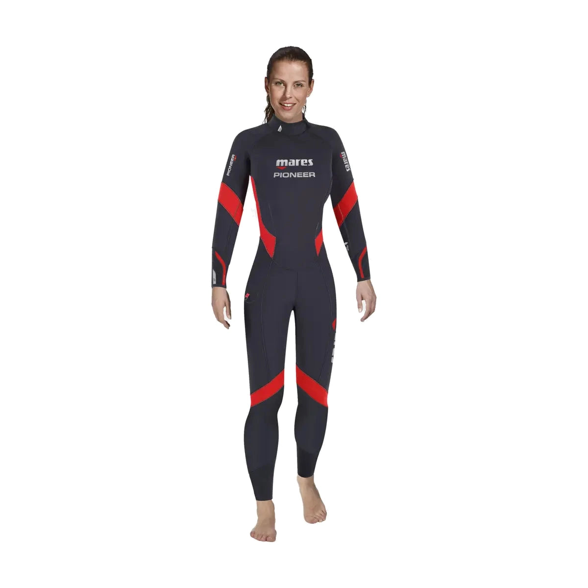 Mares Pioneer 5mm She Dives women's wetsuit in black with red panels, front view