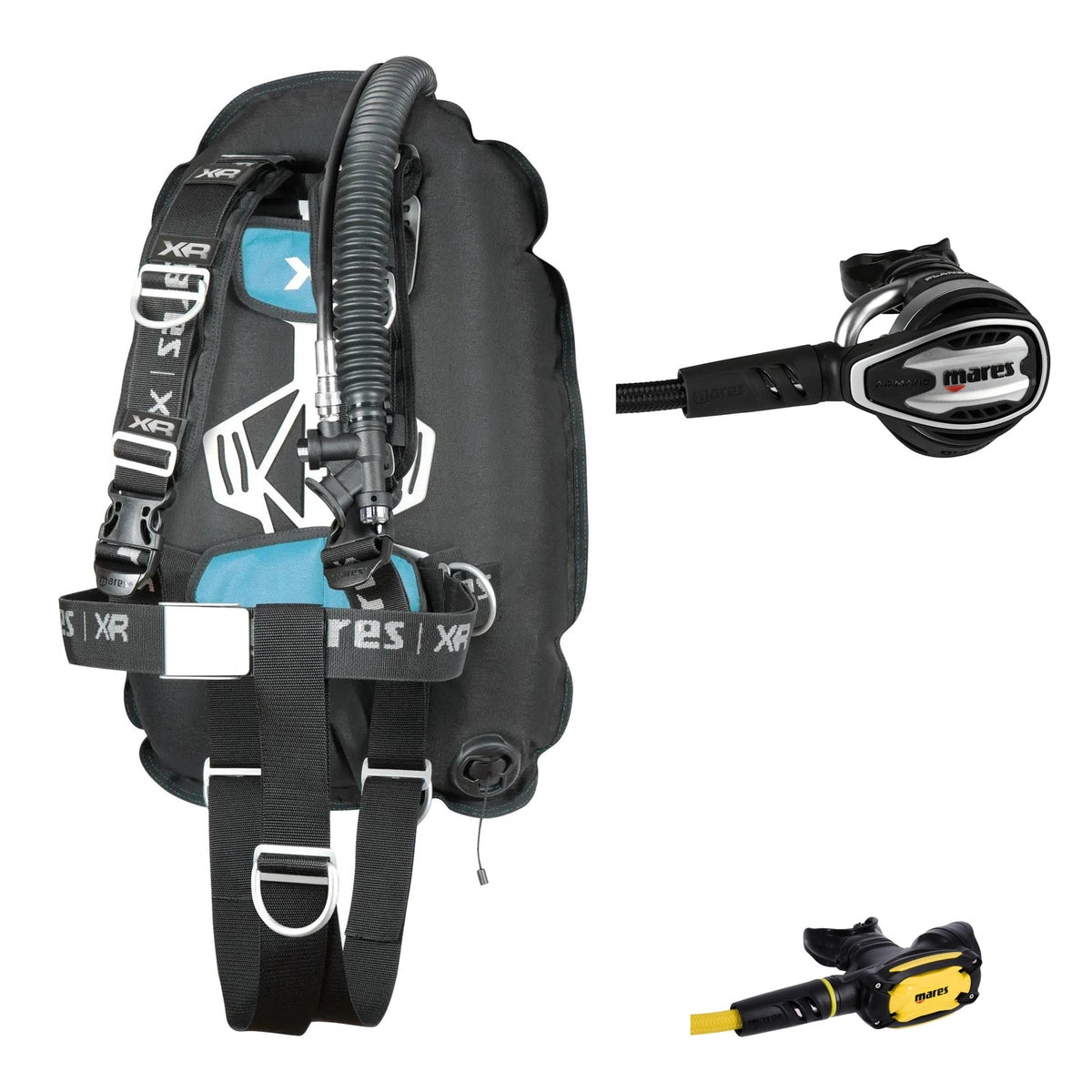 Mares XR-Rec Trim single backmount set in black, Planet 88X TBP regulator in silver and black and SXS octopus in black and yellow