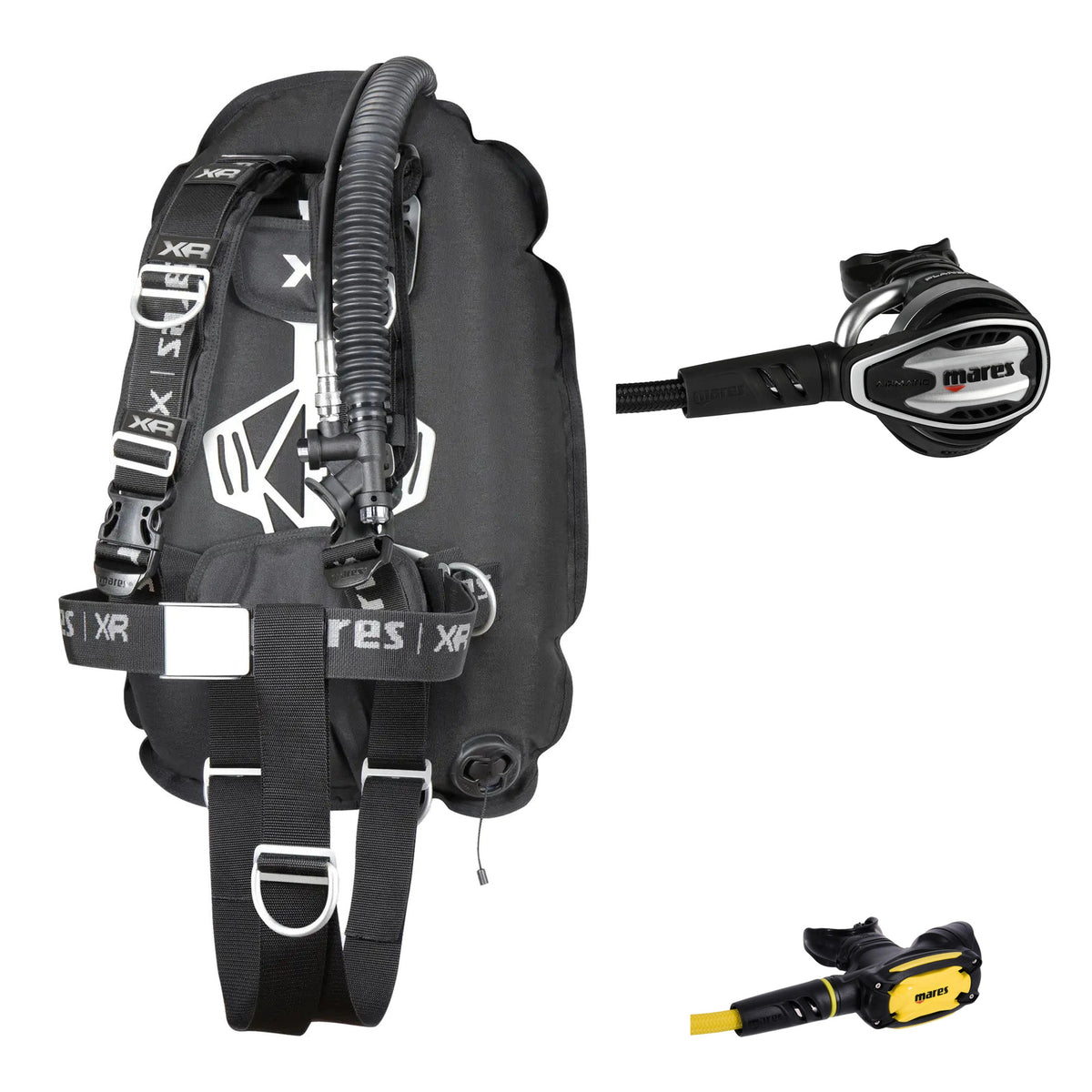 Mares XR-Rec Trim single backmount set in black, Planet 88X TBP regulator in silver and black and SXS octopus in black and yellow