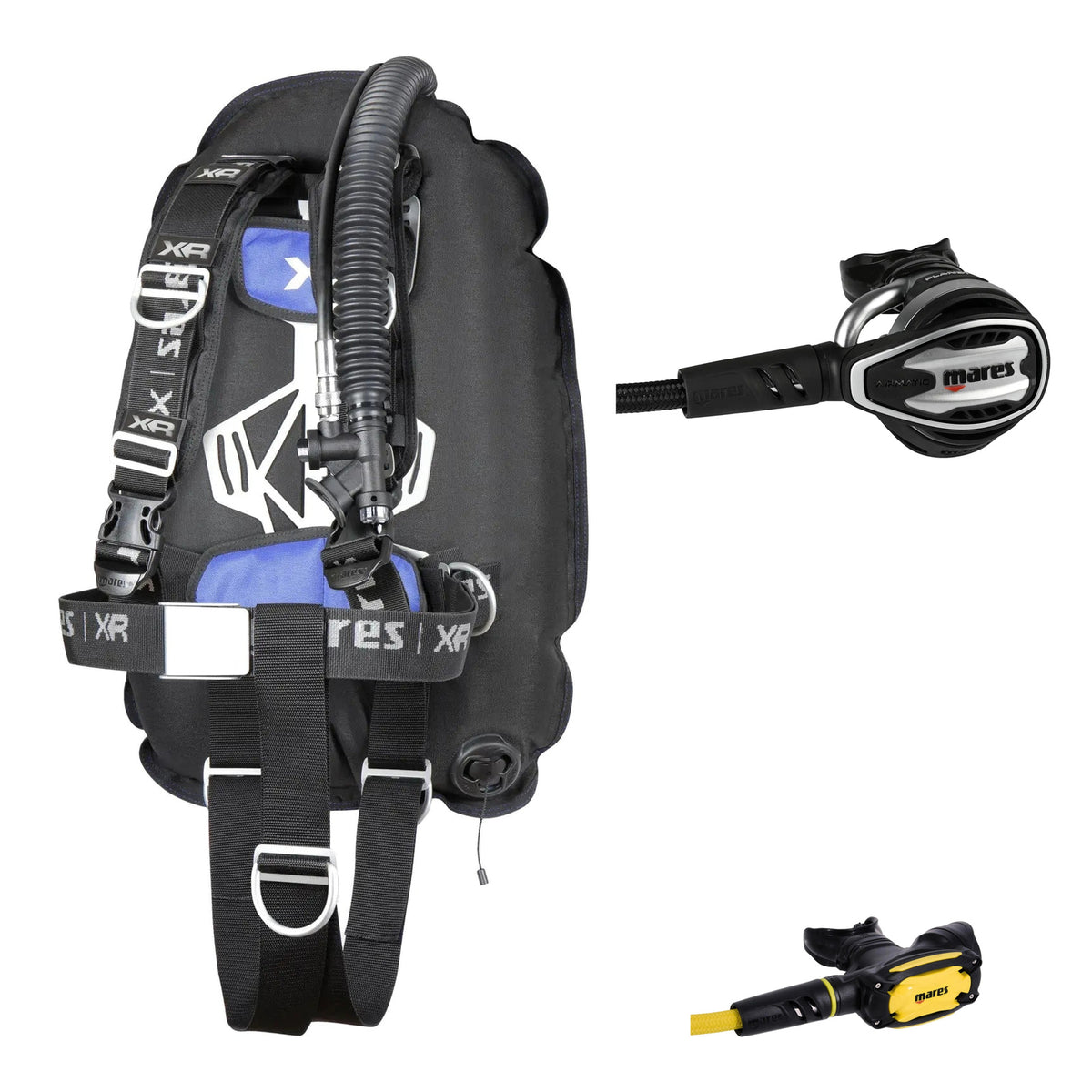Mares XR-Rec Trim single backmount set in black, Planet 88X TBP regulator in silver and black and SXS octopus in black and yellow
