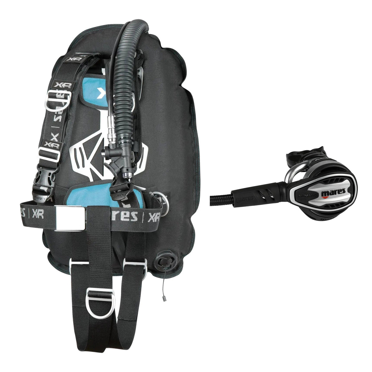 Mares XR-Rec Trim single backmount set in black and Planet 88X TBP regulator in silver and black