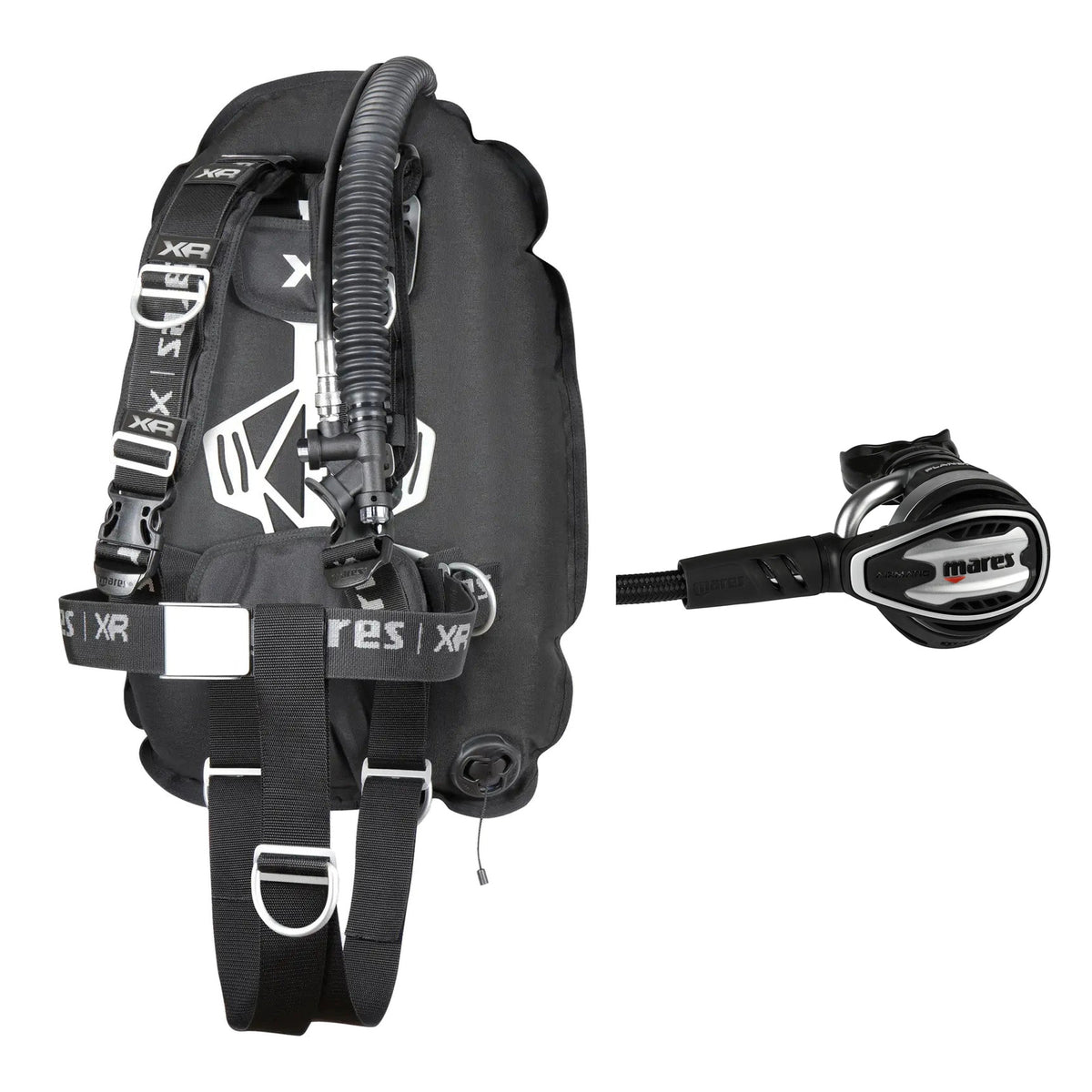 Mares XR-Rec Trim single backmount set in black and Planet 88X TBP regulator in silver and black