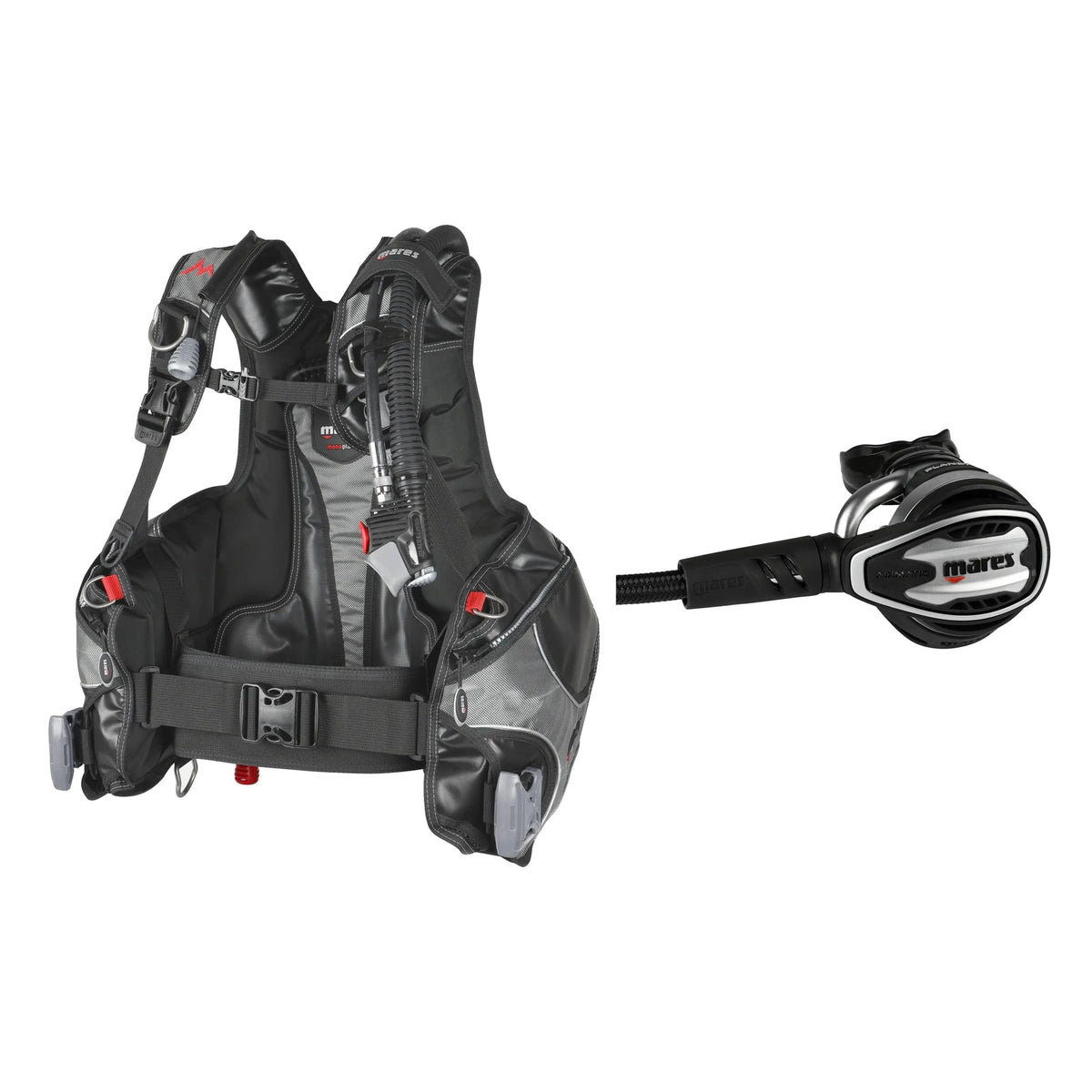 Mares Rock Pro BCD in black and grey and Planet 88X TBP regulator in silver and black