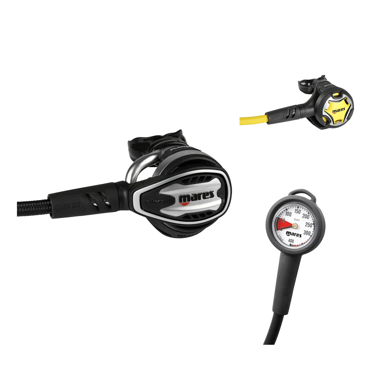 Mares Planet 88X TBP regulator in silver and black, Dual octopus in black and yellow, and MR-1 pressure gauge in a black console