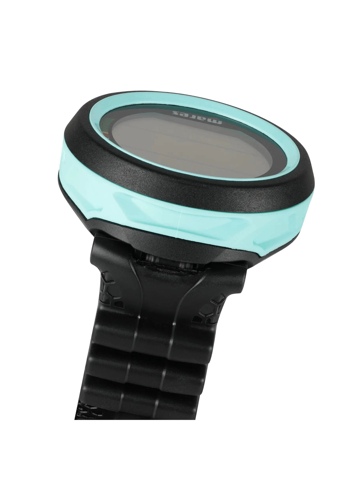 Mares Puck 4 with aqua bezel seen from a low angle