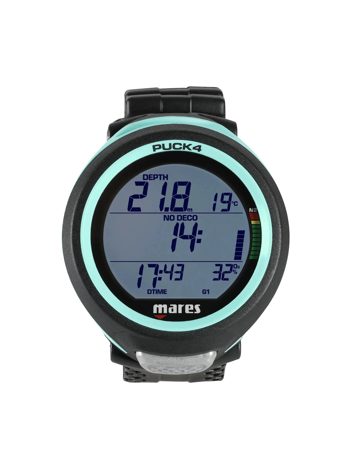 Mares Puck 4 with aqua bezel from the front showing the segment display