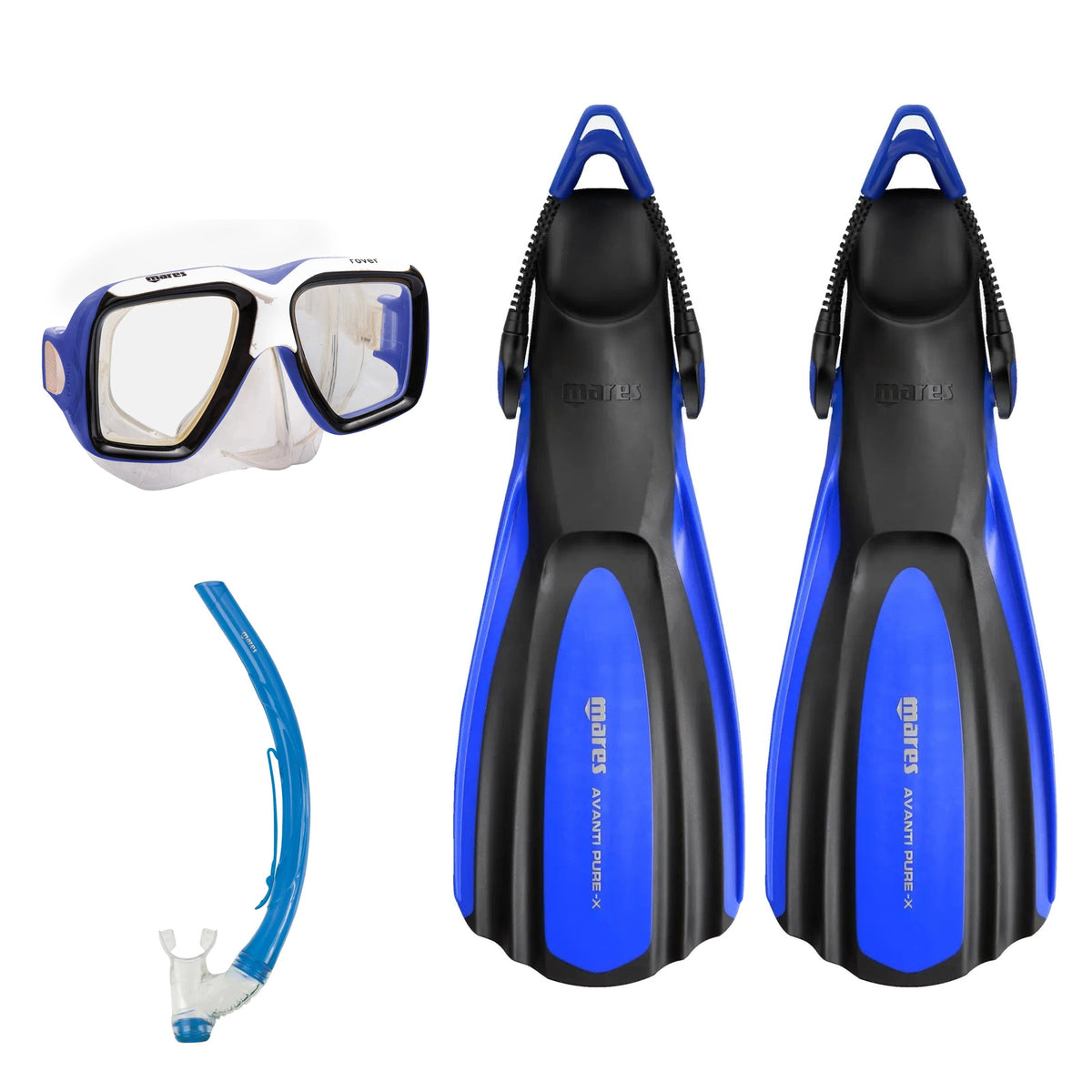 Mares Rover mask in blue and clear, Rover Pro snorkel in blue and Avanti Pure X fins in blue