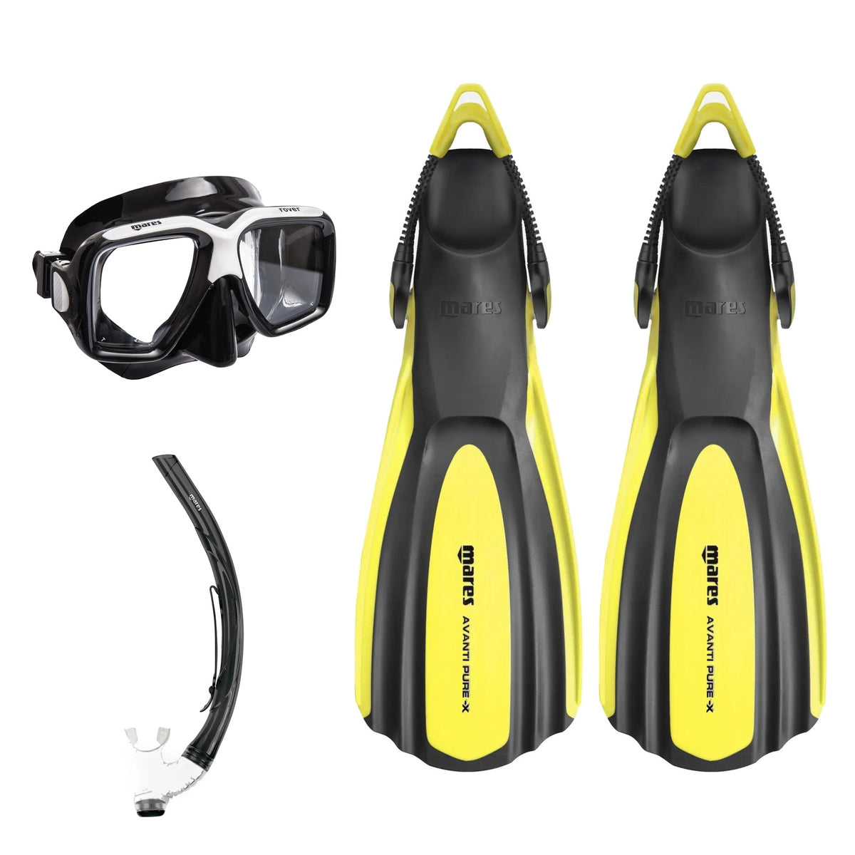 Mares Rover mask in blue and clear, Rover Pro snorkel in blue and Avanti Pure X fins in blue