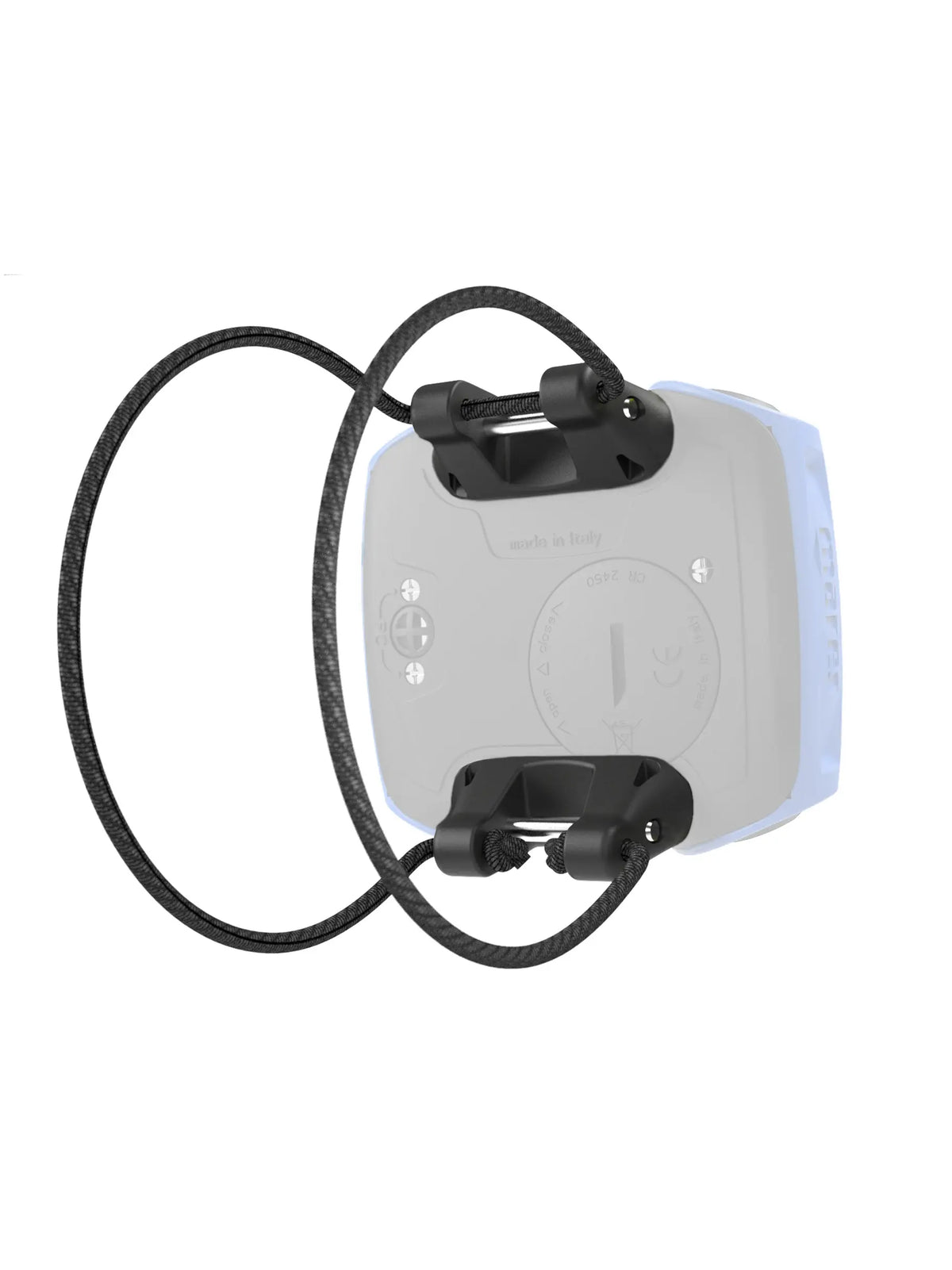 Mares Quad bungee mount in black with bungee loops, shown on a Quad outline