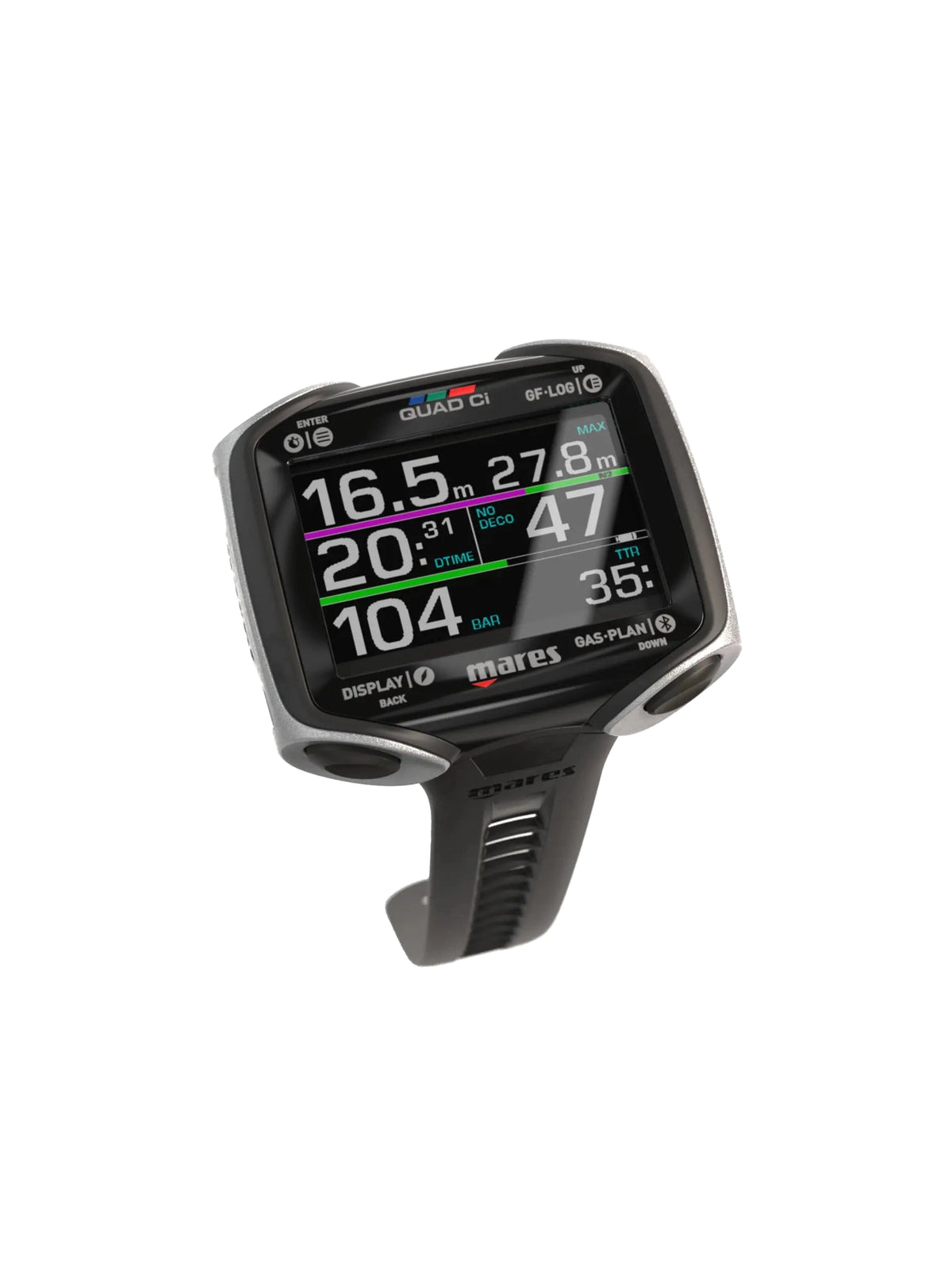 Mares Quad Ci dive computer from the front showing the colour MIP display