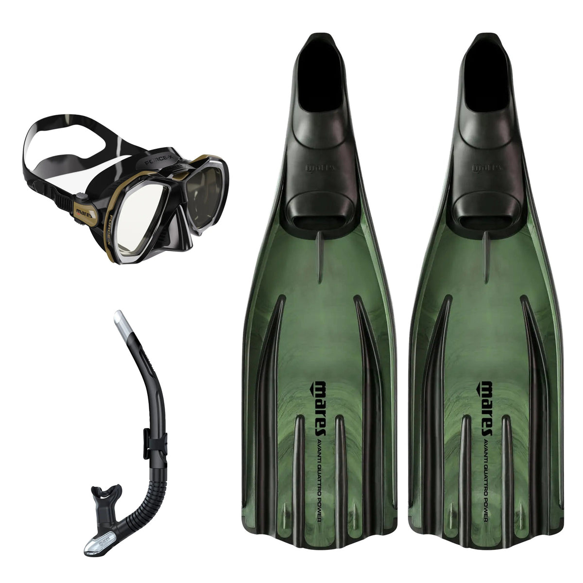 Mares Force-X mask in black, Ergo Flex snorkel in black and grey and Avanti Quattro Power full foot fins in black
