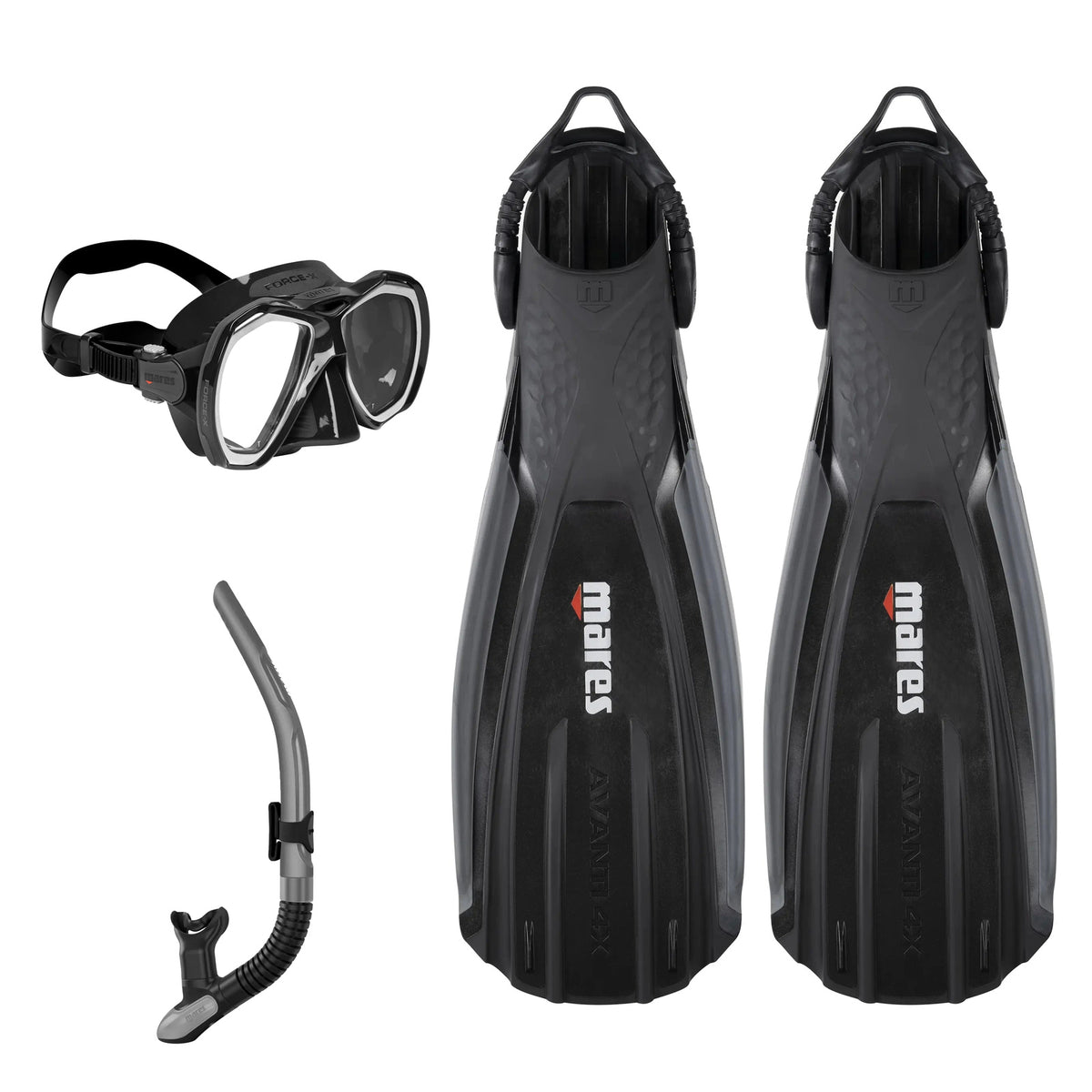 Mares Force-X mask in black, Ergo Flex snorkel in black and grey and Avanti Quattro Power full foot fins in black