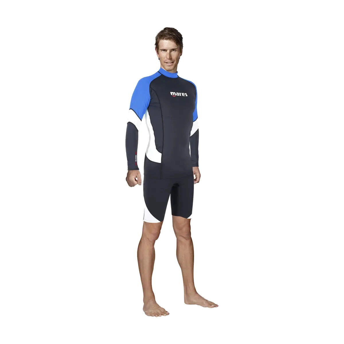 Mares men's long sleeve rash guard in black with blue shoulders, worn with shorts