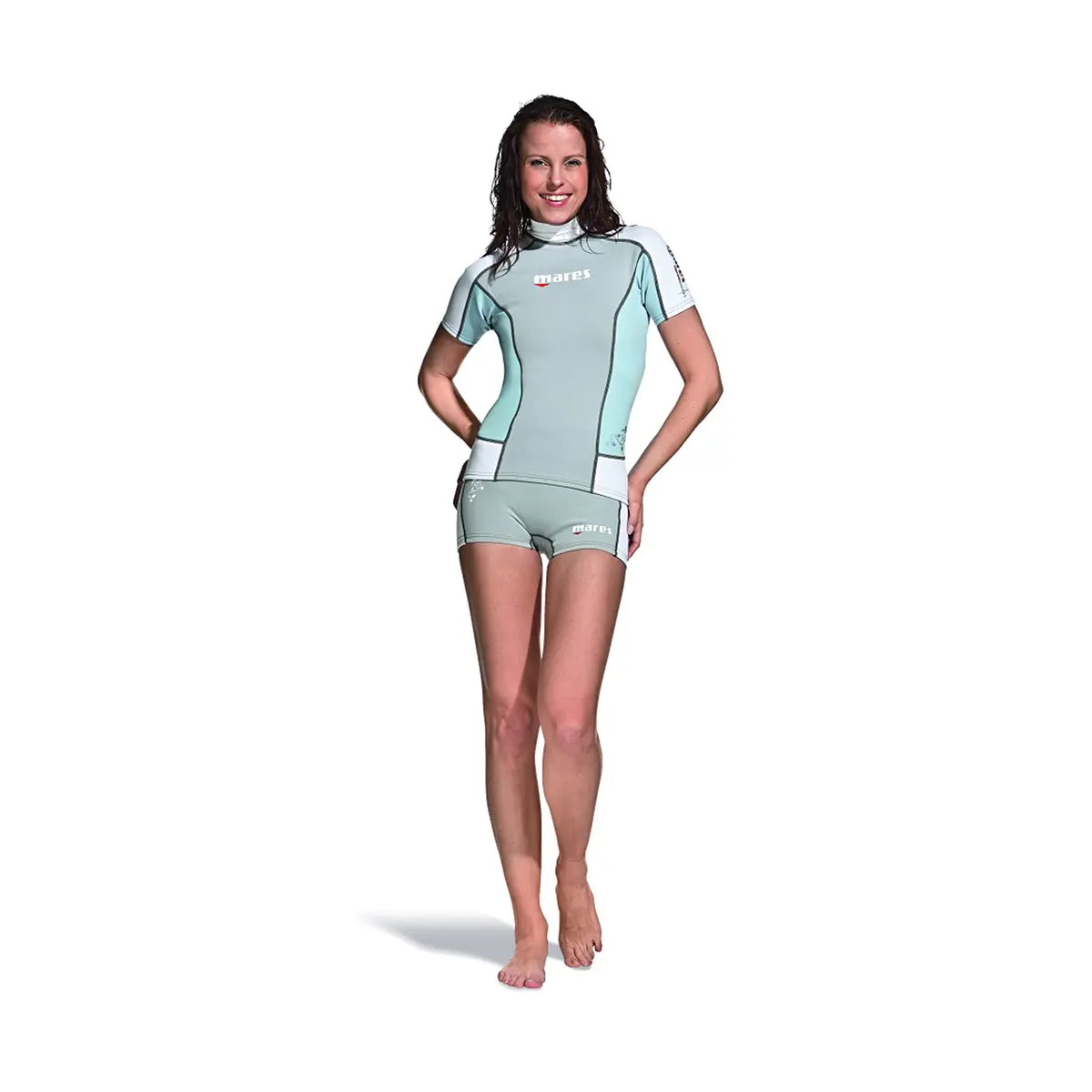 Mares She Dives short sleeve rash guard in blue grey, worn with shorts