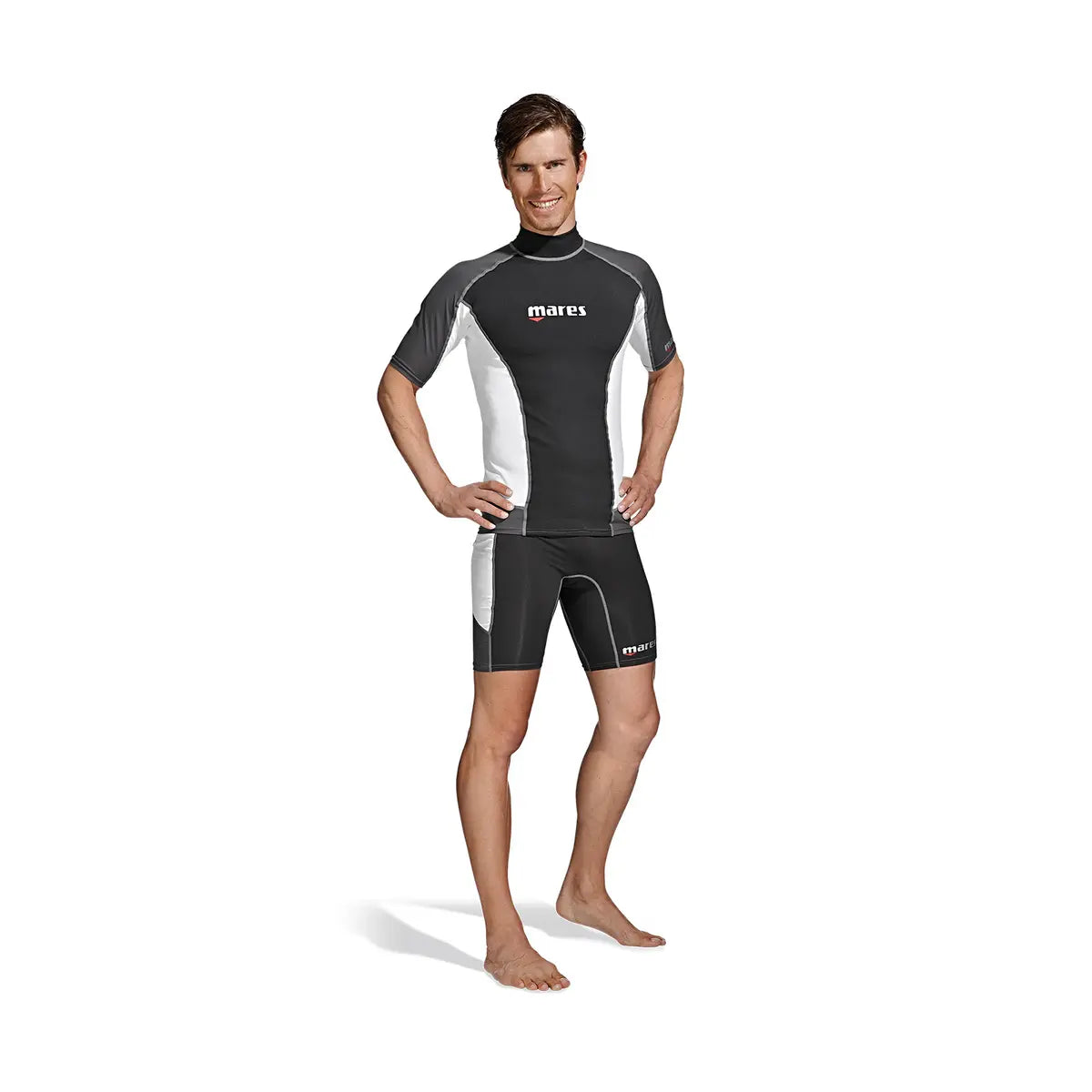 Mares men's short sleeve rash guard in black with white side panels, worn with shorts