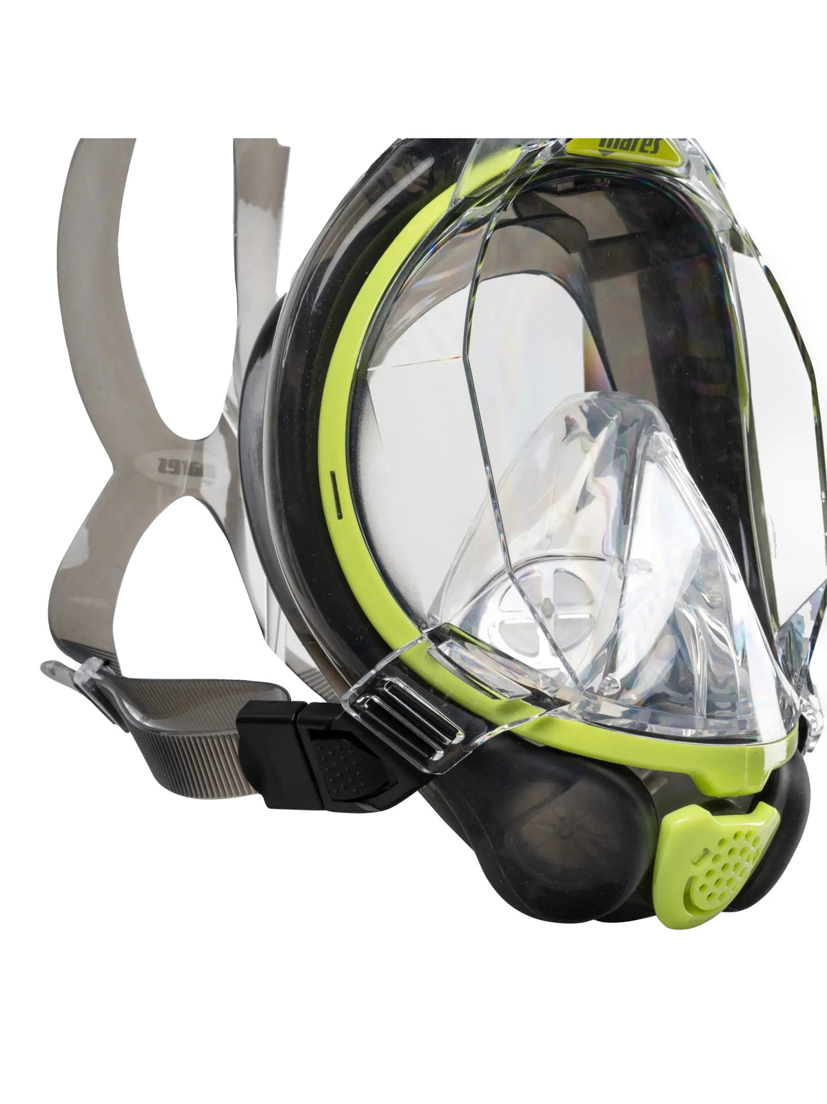 Mares Sea Vu Dry+ full face snorkelling mask in black and lime, side close-up of the frame